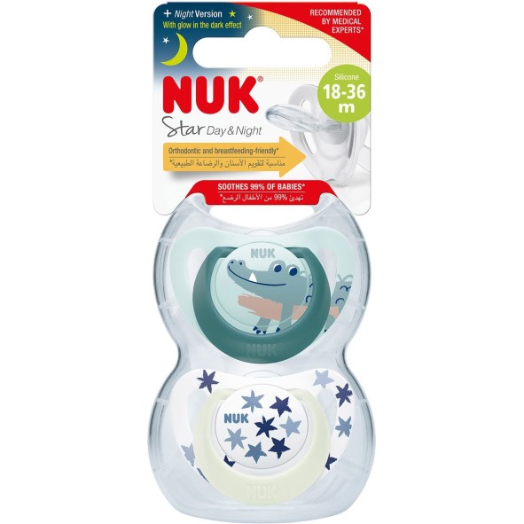 Nuk tolažilna duda - silikon Star Day & Night 18-36 m, 2/1