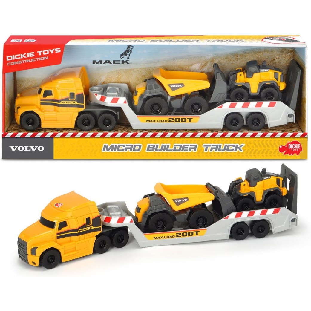 Dickie tovornjak Mack + 2 gradbeni vozili Volvo
