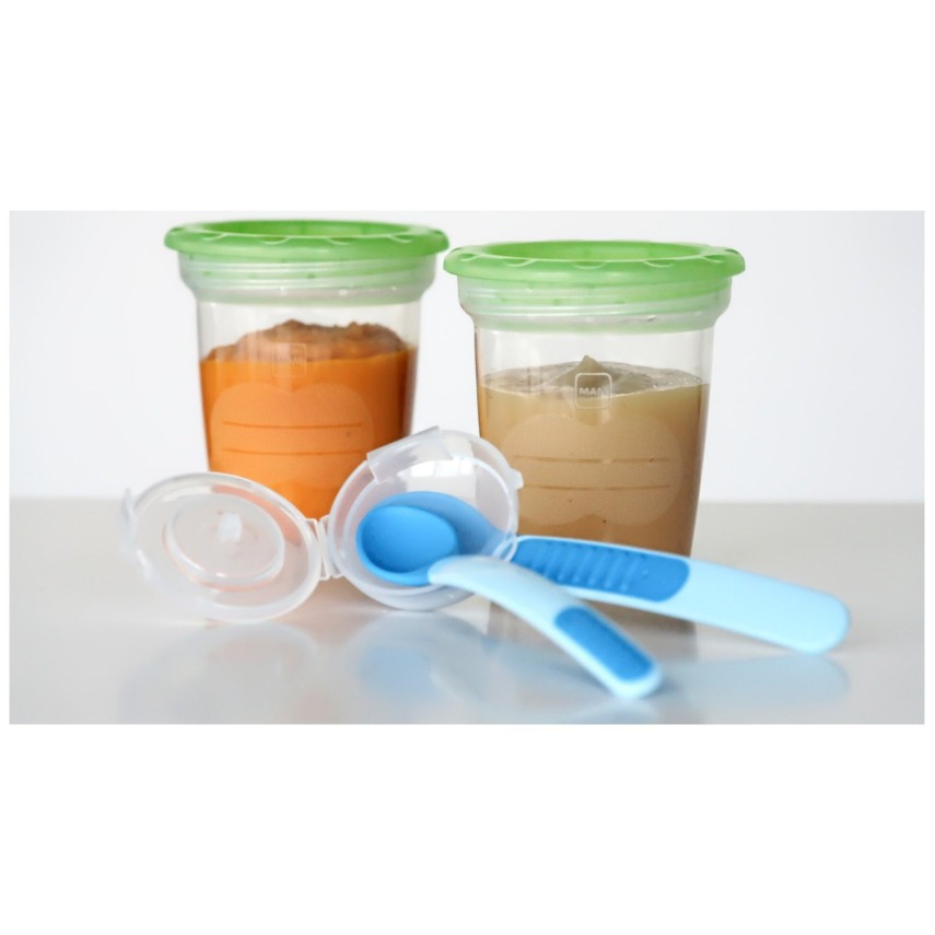 MAM žlica set dveh mehkih s pokrovom 504495