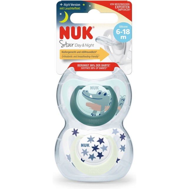 Nuk tolažilna duda - silikon Star Day & Night 6-18 m, 2/1