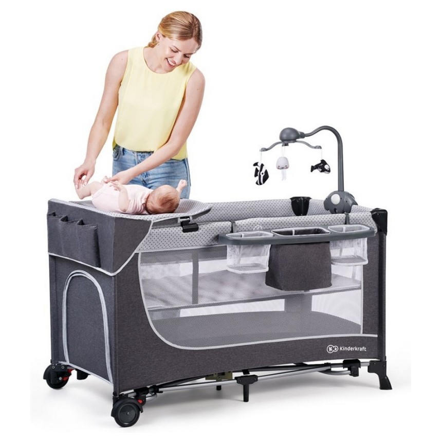 Prenosna posteljica LEODY Grey z dodatki