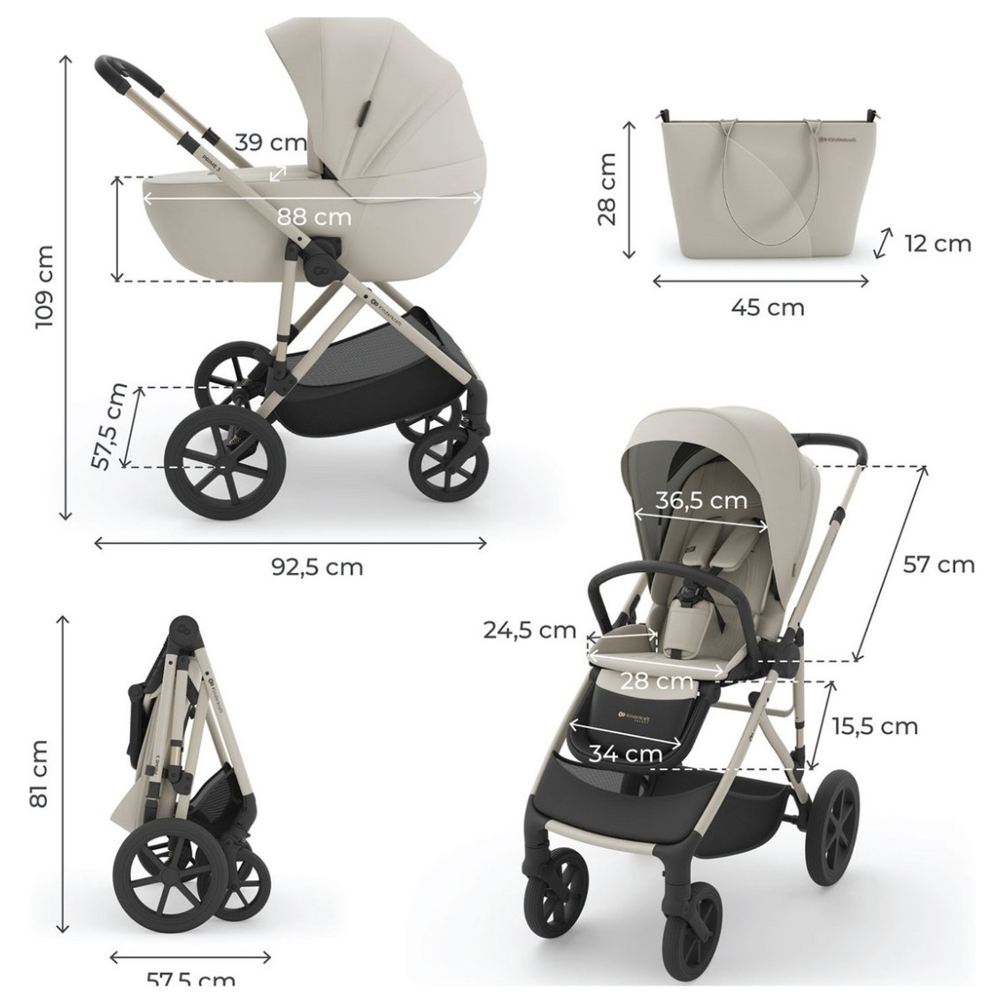 Kinderkraft Prime3 PRO 3v1 Beige otroški voziček