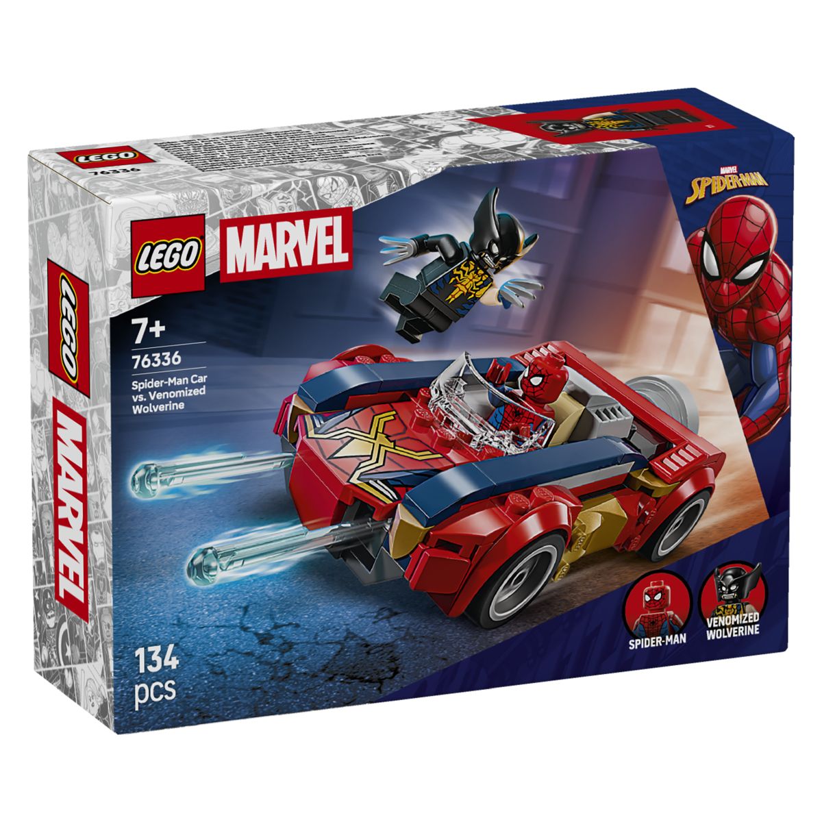 Kocke Super Heroes Spider-Man v avtomobilu proti venomiziranemu Wolverinu 76336