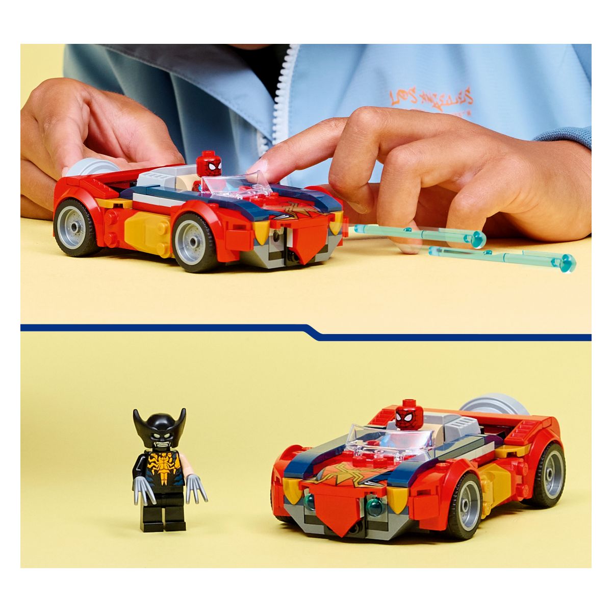 Kocke Super Heroes Spider-Man v avtomobilu proti venomiziranemu Wolverinu 76336