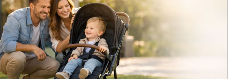 družina na potepu z vozičkom