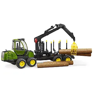 Bruder traktor John Deere z nakladalko in prikolico za hlode 02133