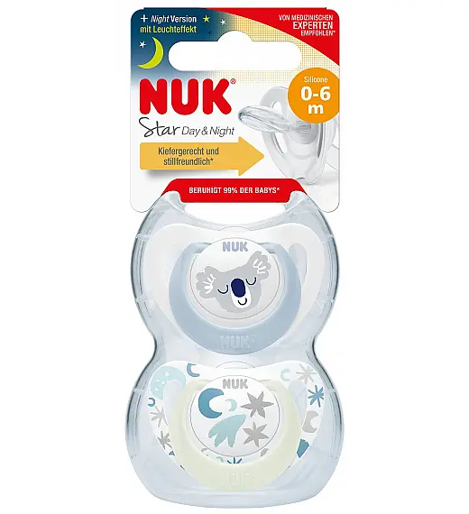 Nuk tolažilna duda - silikon Star Day & Night 0-6 m, 2/1 NUK