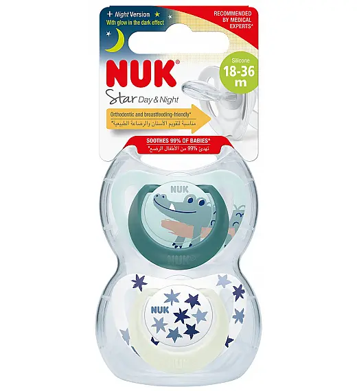 Nuk tolažilna duda - silikon Star Day & Night 18-36 m, 2/1 NUK