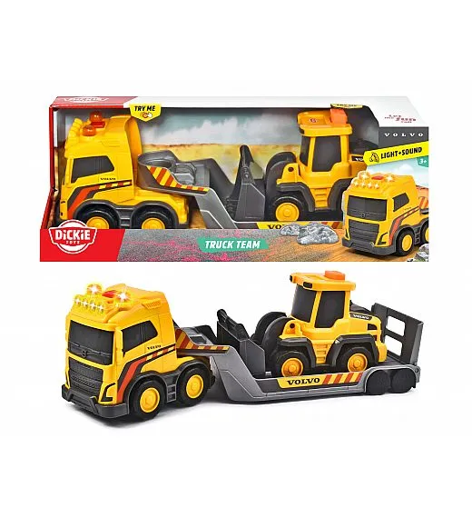 Dickie delovni tovornjak Volvo s prikolico za prevoz strojev 32 cm DIckie