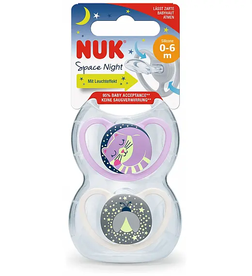 NUK duda varalica - silikon Space Night vel.1 (0-6 mes), sort, 2 kosa NUK