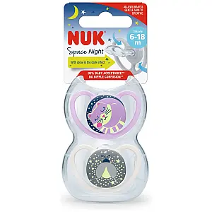 Nuk tolažilna duda - silikon Space Night vel.1 (6-18 mes), sort, 2 kosa