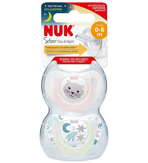 Nuk tolažilna duda - silikon Star Day & Night 0-6 m, 2/1 NUK