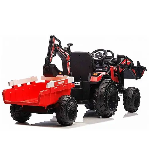 12V TOP-WORKER - dječji električni traktor sa utovarivačem i prikolico - crveni
