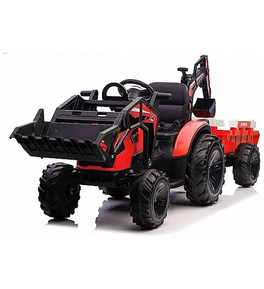 12V TOP-WORKER - dječji električni traktor sa utovarivačem i prikolico - crveni