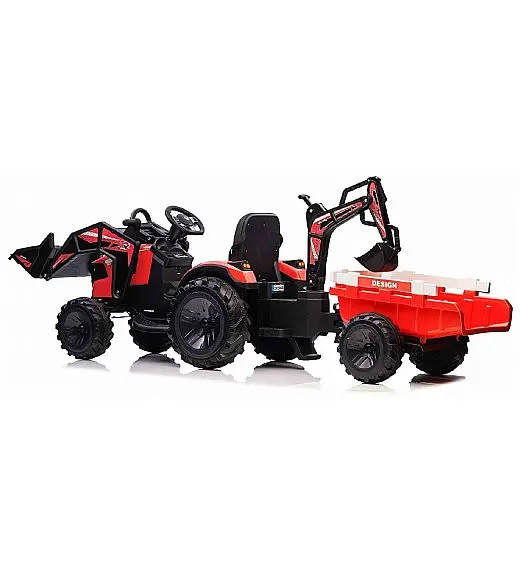 12V TOP-WORKER - dječji električni traktor sa utovarivačem i prikolico - crveni