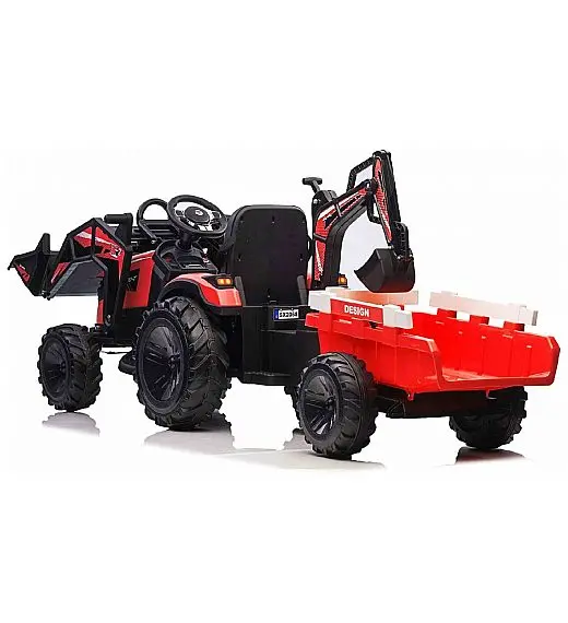 12V TOP-WORKER - dječji električni traktor sa utovarivačem i prikolico - crveni