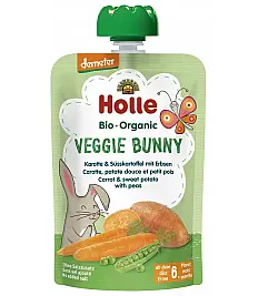 Holle zelenjavni pire VEGI ZAJČEK, korenček in sladki krompir z grahom po 6. mesecu, 100g, BIO-DEMETER