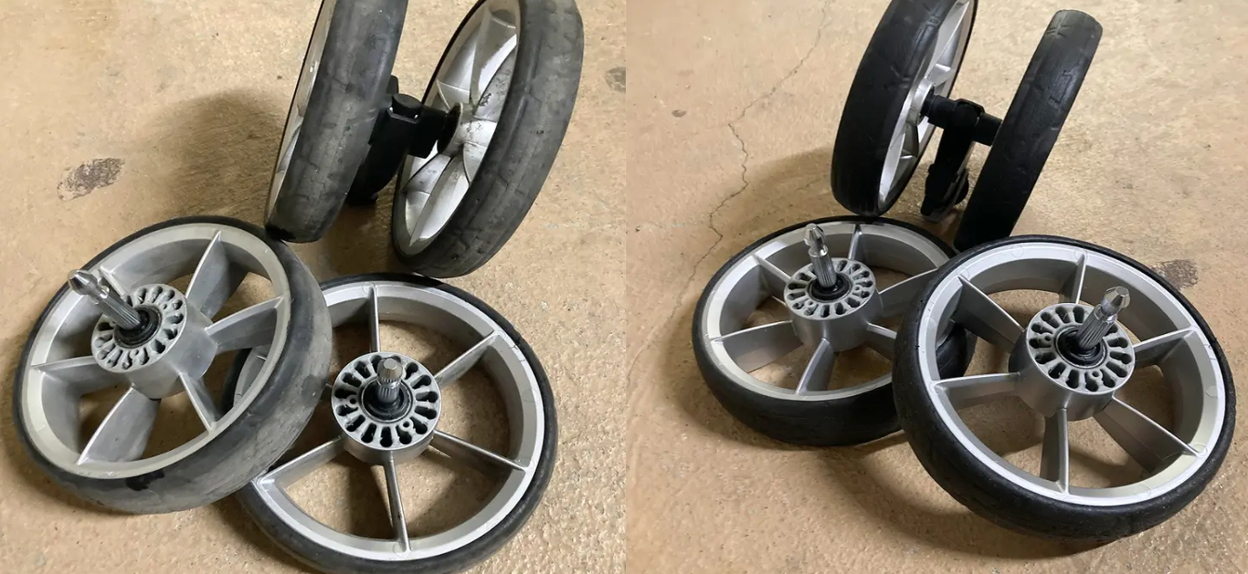 kolesa otroškega vozička pred in po čiščenju