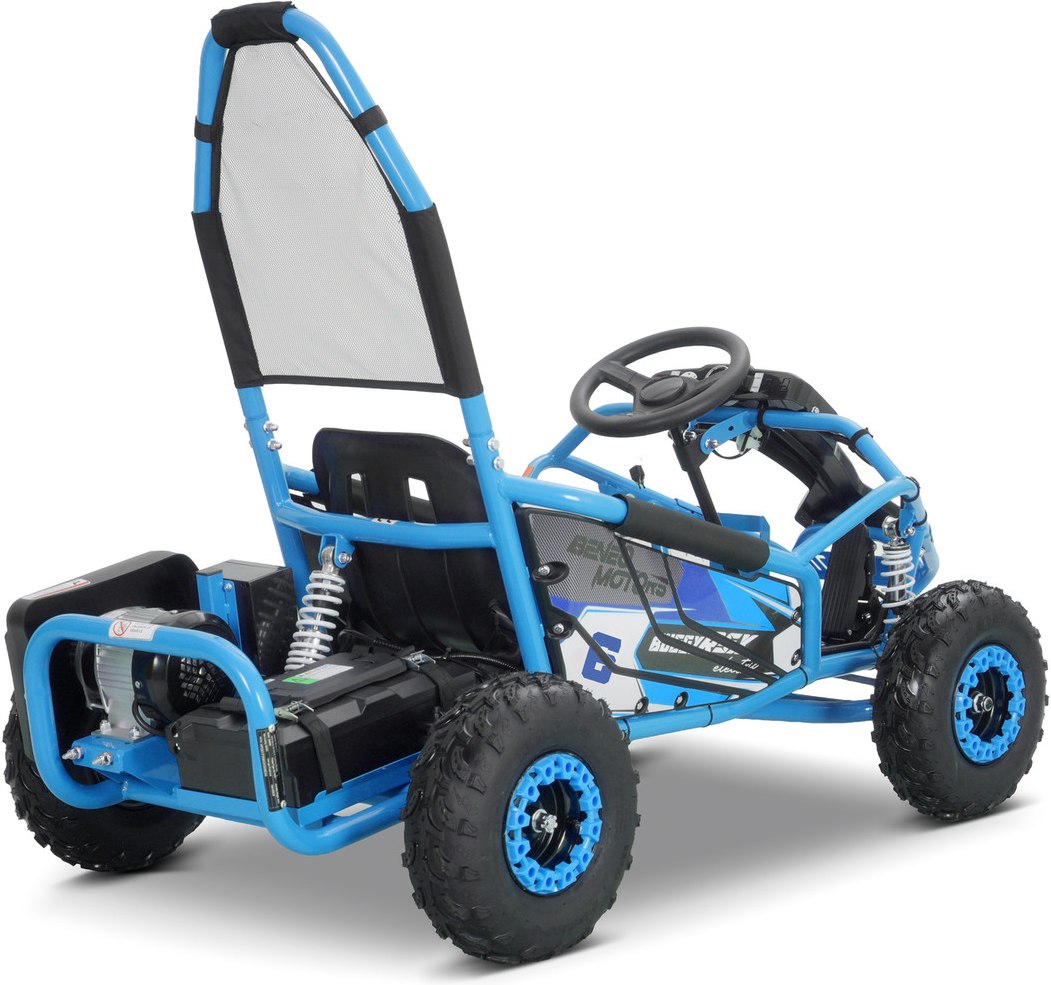 Otroški električni gokart BUGGY RSX v modri barvi, pogled na sedež, volan in sprednje podvozje