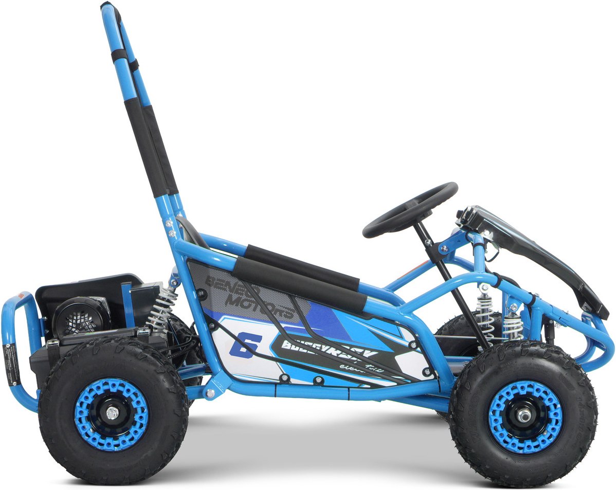 Modri električni buggy Beneo Motors BUGGY RSX, pogled na zadnji del in podvozje