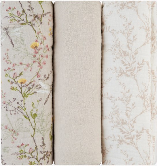 Muslin pelene 100 × 100 cm KikkaBoo Secret Garden Beige, tri pamučne pelene s biljnim uzorcima