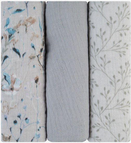 Tetra pleničke iz muslina KikkaBoo Dreamy Fields Grey, komplet treh pleničk 75 × 75 cm