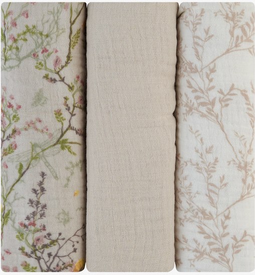 Tetra plenice iz muslina KikkaBoo Secret Garden Beige, komplet treh pleničk 75 × 75 cm